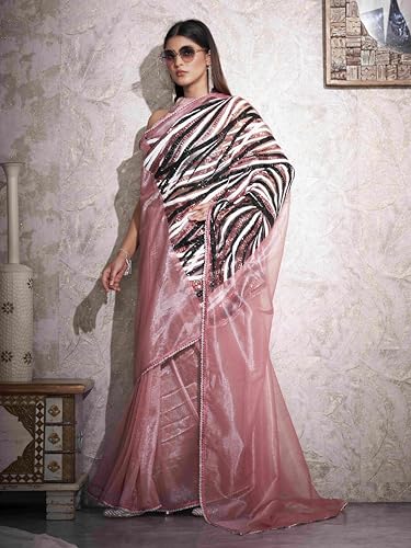 Womanista Women's Net Sequinned Saree (TI6493_Pink)