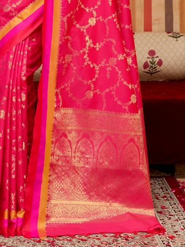 AKHILAM Women's Pink Pure Silk Ethnic Motif Printed Saree With Unstitched Blouse Piece (COLOURS005_RJ)