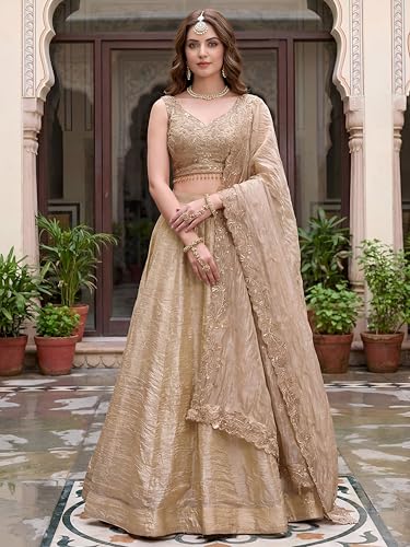 Zeel Clothing Women's Zari Sequins Embroidered Work Crush Silk Lehenga Choli With Dupatta (5136-Golden-Women-Lehenga-Choli-Latest; Free size)