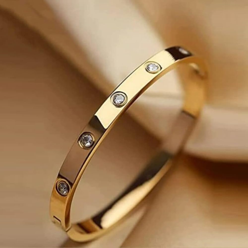 Shining Diva Fashion Latest Stylish Stainless Steel Crystal Gift Bangle Bracelet for Women and Girls (15747b)(Gold) Valentine Gift for Girlfriend