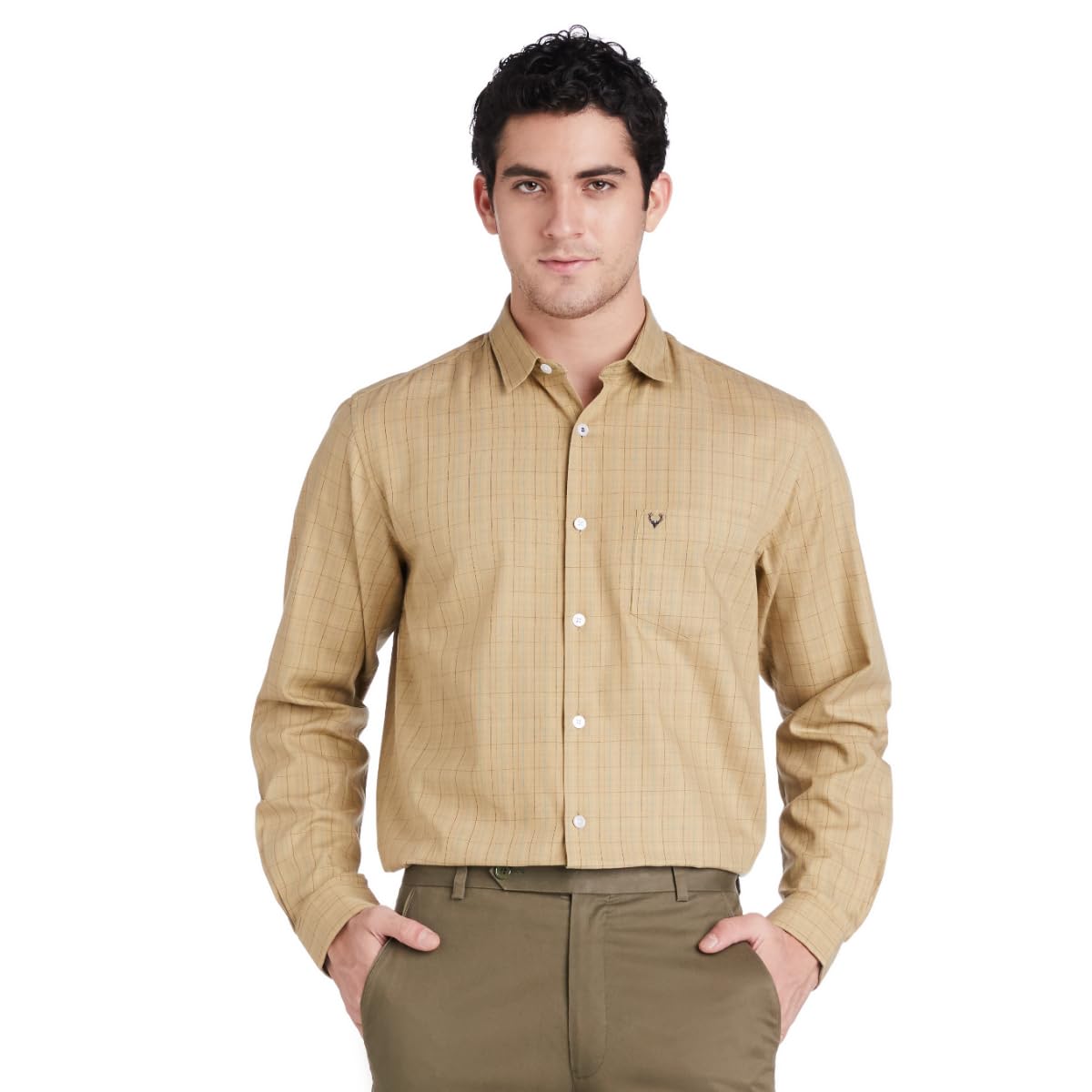 Allen Solly Men's Cotton Checkered Slim Fit Shirt (ASSFQSPBO40611_Khaki, 42)