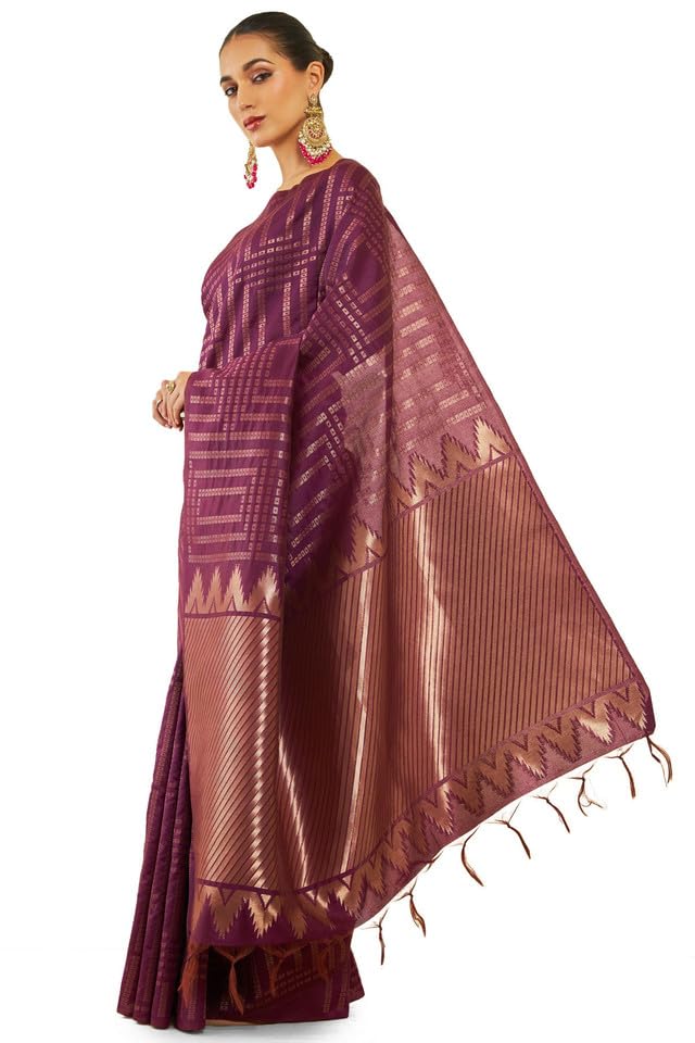 Soch Womens Wine Tussar Saree With Zari Woven Geometric Patterns