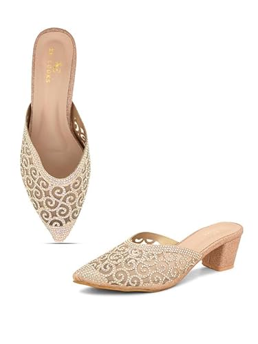 XE Looks Women's Gold Embellished & Stylish Block Heel Mules | Pointed Toe Slip-On with Intricate Rhinestone Design |Fancy & Charm Block Heels For Girls & Women