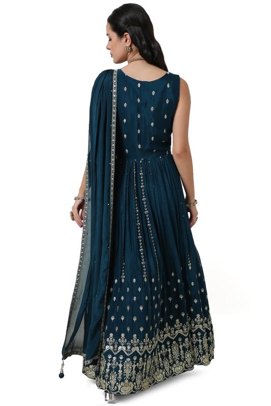 Soch Womens Blue Zari Embroidered Chinon Gown with Stones Work
