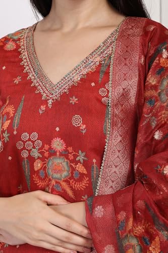 W for Woman Red Floral Printed Embroidered Straight Jacquard Kurta with Sharara and Dupatta Set (WS13290-126813-M)