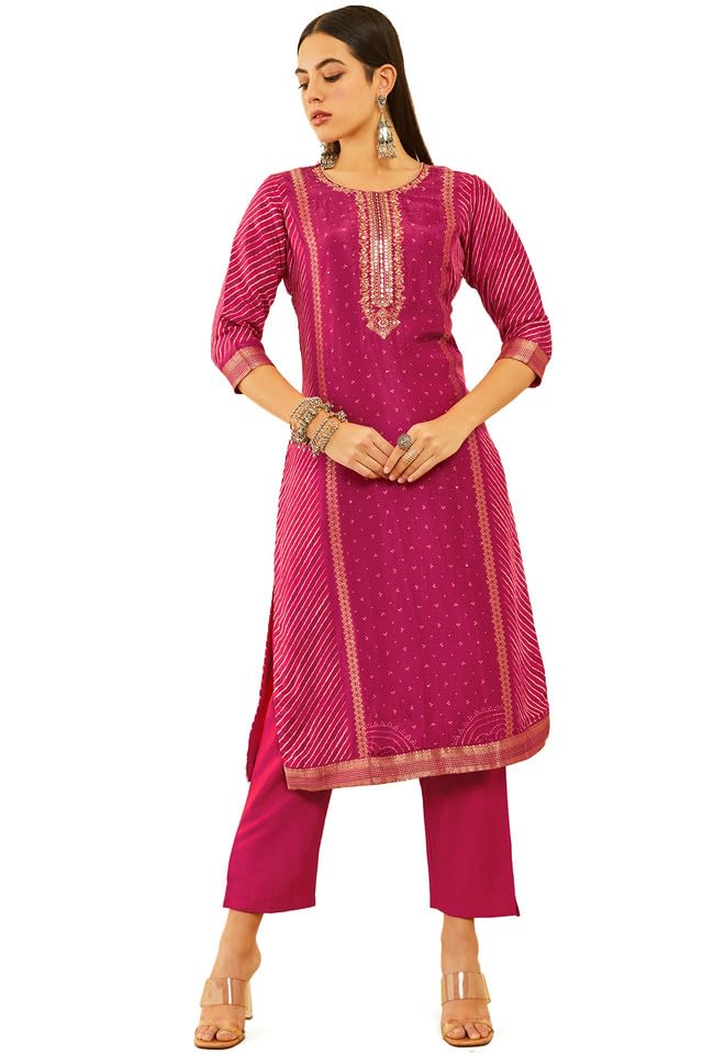 Soch Womens Fuchsia Brocade Bandhani Printed Suit Set with Mirror Work