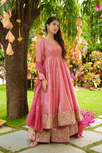 Designer Heavy Crunchy Silk Anarkali Dress for Women | Fully Flared Embroidered Gown with Dupatta | Wedding (in, Alpha, L, Regular, Standard, Peach)