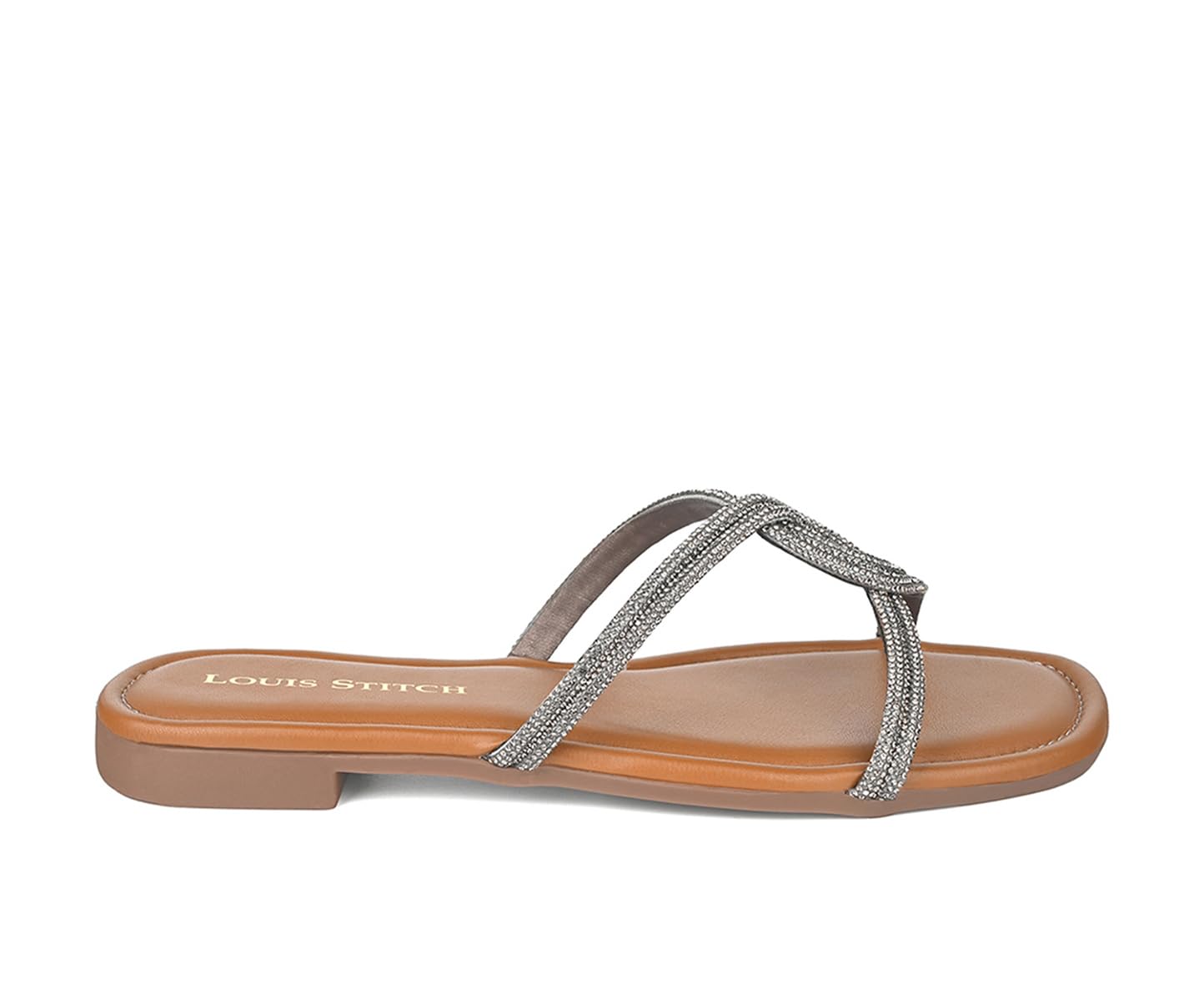 LOUIS STITCH Women’s Fashion Flat Tan Slip-On Sandals | Open Toe Silver Cross Strap Flat Slipper for Ladies | LSOF-LDSL-CRCSGM| (UK-7)
