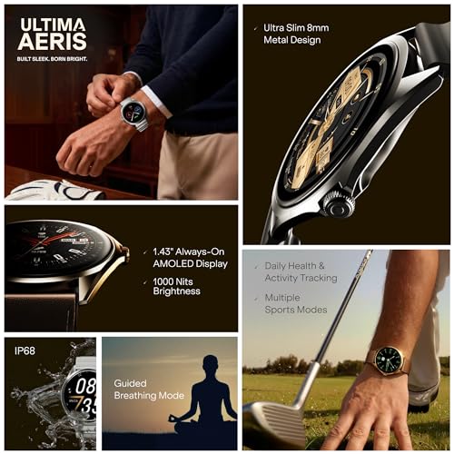 boAt Ultima Aeris 1.43" AMOLED Display, 1000 nits Brightness, Ultra Slim 8mm Metal Build, IP68, Auto HR & SpO2 Monitoring, Sleep & Stress Tracking, Stylish Smartwatch for Men & Women(Tan Brown)