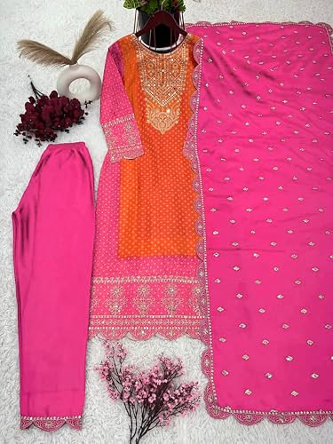 TRENDMALLS Women's Chiffon Embroidery Bandhani Print Salwar Suit Set Kurta Pant with Dupatta (G289-Orange-3XL-)