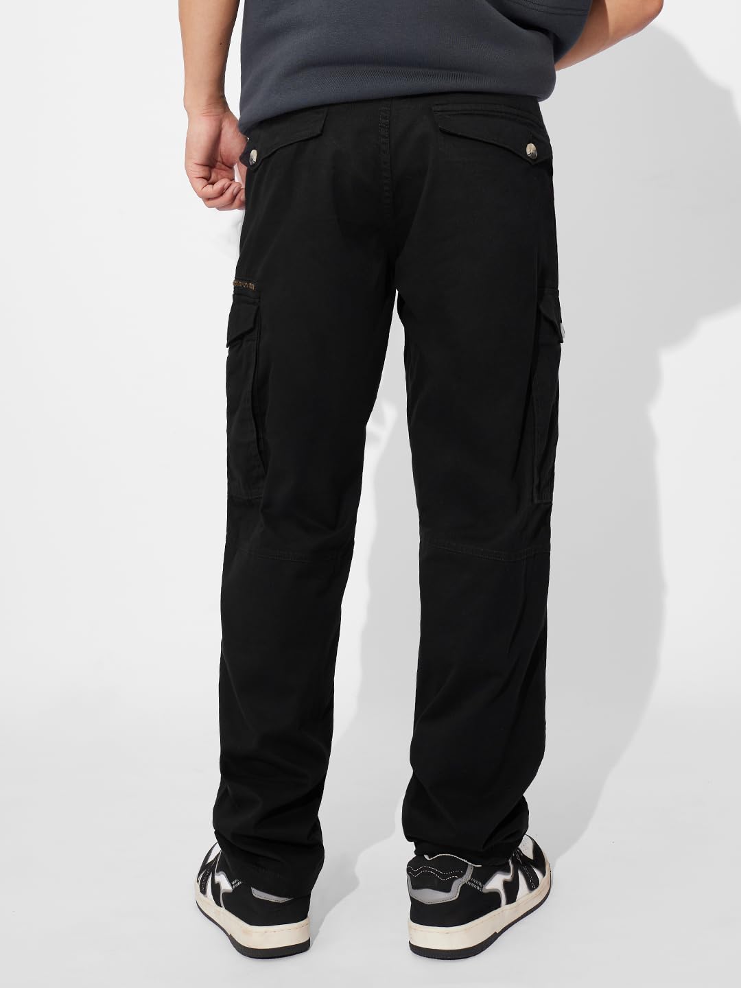 The Souled Store Solids: Black Men and Boys Buttoned Cotton Straight Fit Cargo Pants