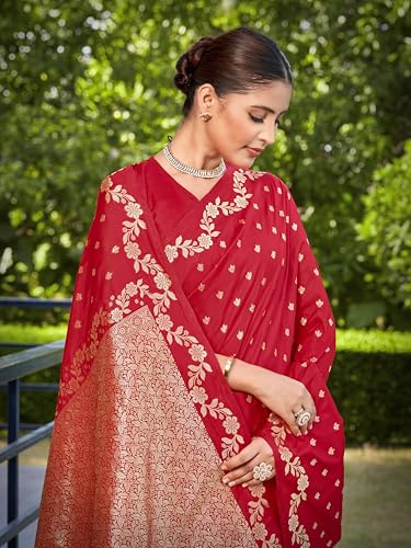 MANOHARI Women's Most Trendy Banarasi Satin Silk Woven Red Saree With Heavy Jacquard Work Saree With Blouse Piece_MN2063