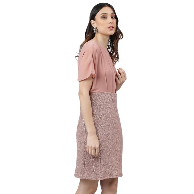 Latin Quarters Women's Pink Half Sleeves Embellished Short Dress_S