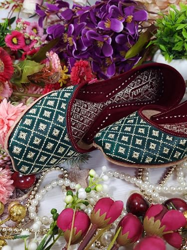 Fulkari Women Green Lotus Gold Casual Genuine Soft Leather Jutis | Bite and Pinch Free Juttis | Punjabi Jutti | Girl's Office Flat Ladies Mojari | dailywear Ethnic Juti | 37