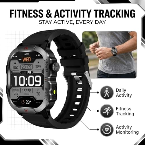 Drumstone Smart Watch for Men and Women, 2.01 Inch Square IPS Display, Bluetooth Calling, Fitness Tracker, IP68 Water Resistant Digital Smartwatch with Black Sports Band
