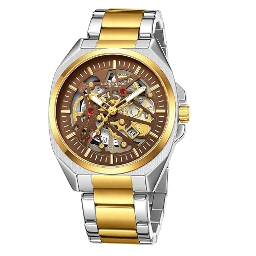 London Fog Portobello Collection Skeleton Analog Watch for Men with Mechanical Gear Dial, Luminous Hands & Hour Markers, Date Display and Two-Tone Brushed & Polished Stainless Steel Strap LFM10027-55