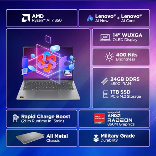 Lenovo IdeaPad Slim 5 AMD Ryzen AI 7 350 (24GB RAM/1TB SSD/14 (35.5cm)/WUXGA OLED/Lenovo AI Now/Copilot+ PC/Windows 11/MSO 365 Basic+Office 2024/1Yr ADP Free/Grey/1.4Kg), 83HX00A5IN AI Laptop