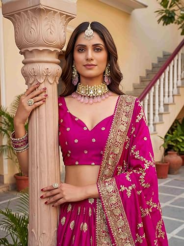 Zeel Clothing Women's Sequins Zari Embroidered Art Silk Lehenga Choli with Dupatta (5111-Pink-Womens-Lehenga-Choli; Free Size) (Pink)