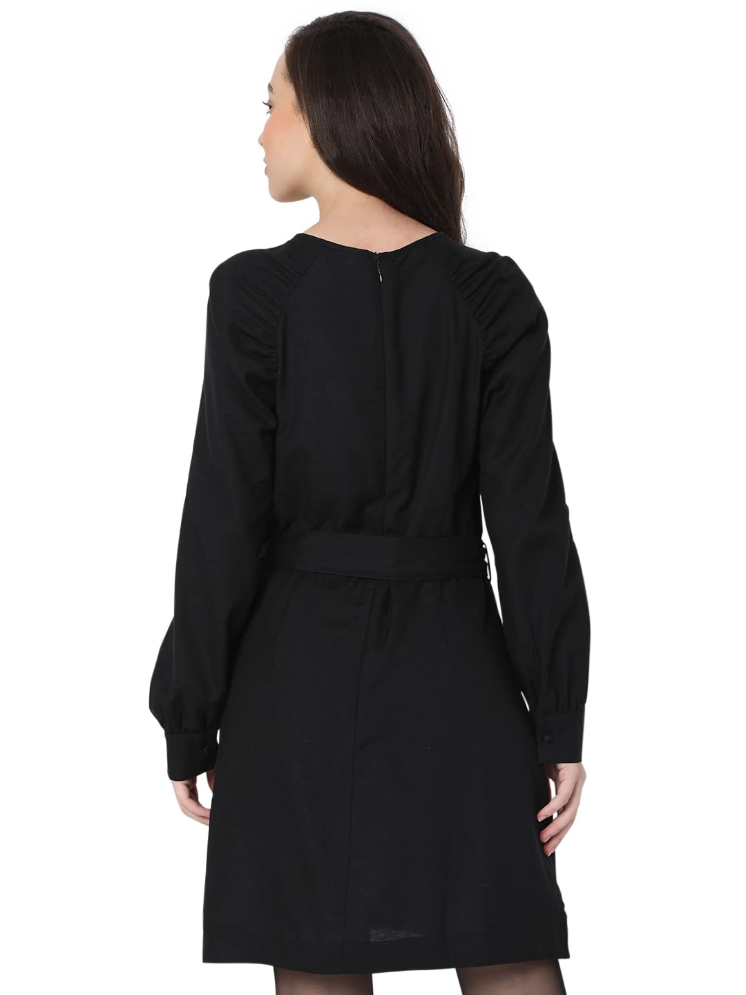 VERO MODA Solid Viscose Round Neck Womens Mini Dress (Black, Extra Large)