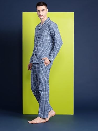 Hancock Men Checked Pure Cotton Night Suit Blue-S