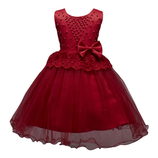 Hopscotch Girls Sleeveless Pearl Applique Party Dress In Red Color for Ages 5-6 Years