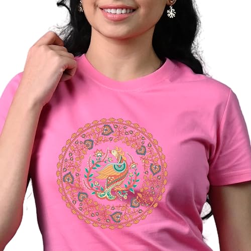 Women Cotton Half Sleeve Round Neck Slim Fit T-Shirt with Kalamkari Art Printed Peacock Design T-Shirt (in, Alpha, 2XL, Pink)
