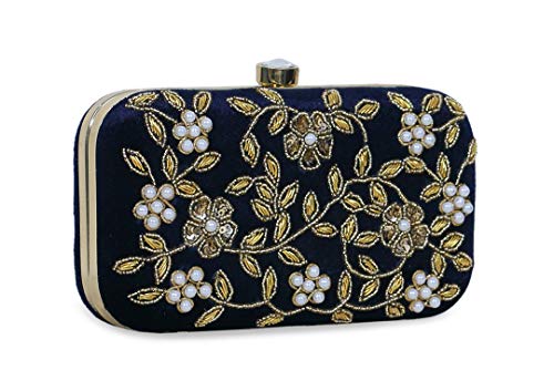DUCHESS Women's Velvet Zari Zirkon Box Clutch Purse (Navy Blue)
