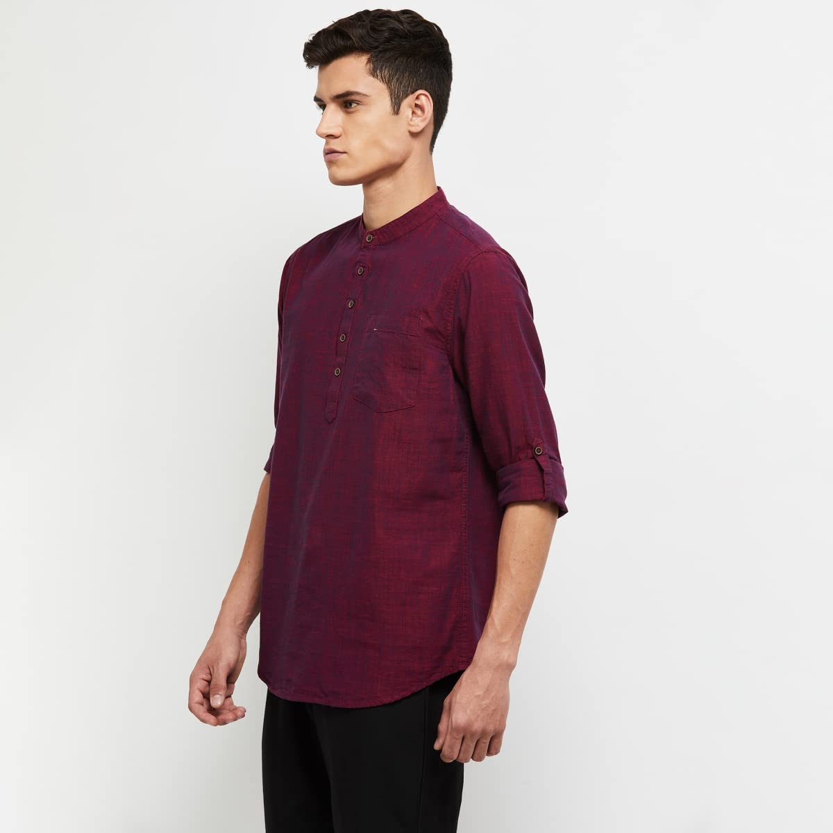 Max Men's Long Sleeves Regular Fit Solid Cotton Short Kurta with Band Collar (Maroon_L)