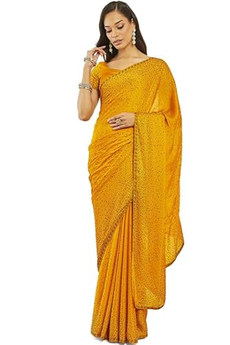 Mustard Crepe All-Over Stone Embellished Saree(SRPXDESR03976E)