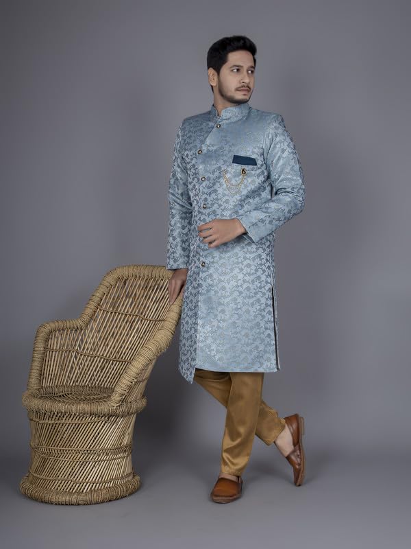 Ethzy Men's Sky Jacquard Casual Regular Full Sleeve Indo Western with Pajama Set - Traditional and Trendy