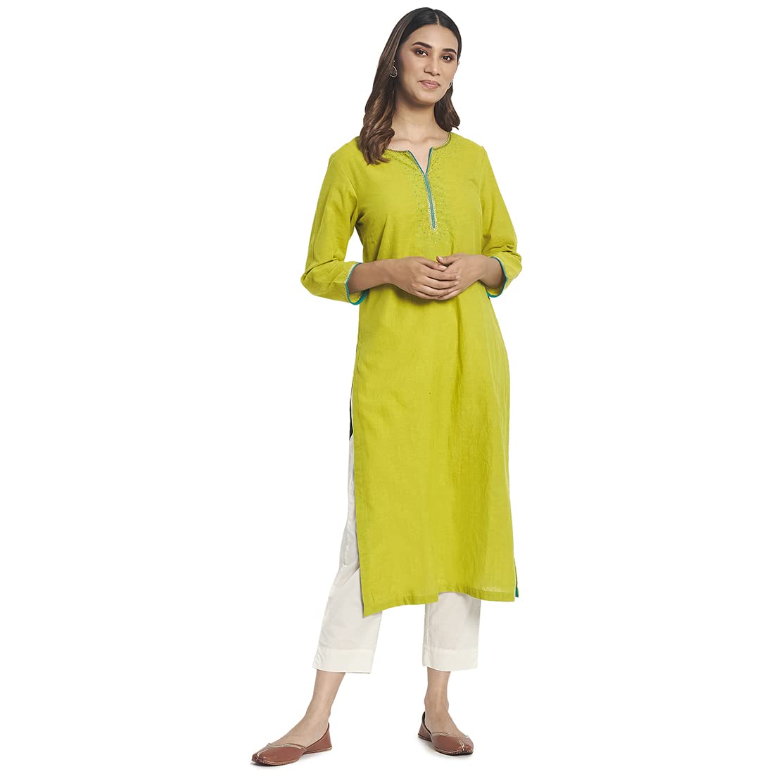 Fabindia Women Cotton Embroidered Long Kurta Green_XS