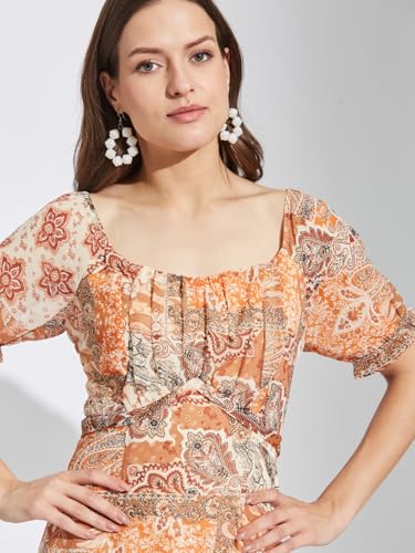 Latin Quarters Women Orange Square Neck Half Sleeves Printed Knee Length A-Line Dress for Casual Wear_XL