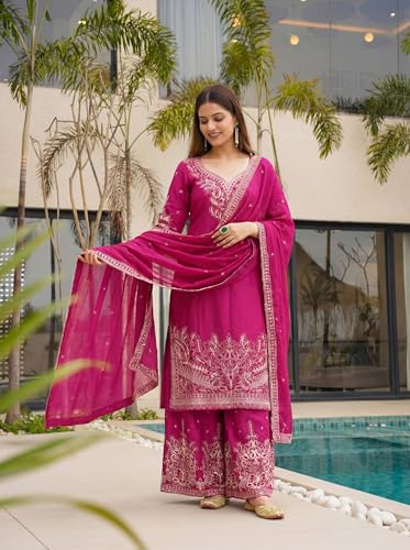 Leeli Peeri Designer Women's Chinon Silk Embroidery Kurta Sharara Set With Dupatta