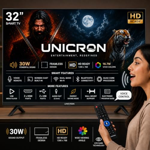 UNICRON 32 Inch Frameless Smart LED TV | Voice Control Android Smart TV | Bluetooth, WiFi, Screen Mirroring | HD Ready Display | HDMI, USB Connectivity | Smart Television for Home | Premium A+