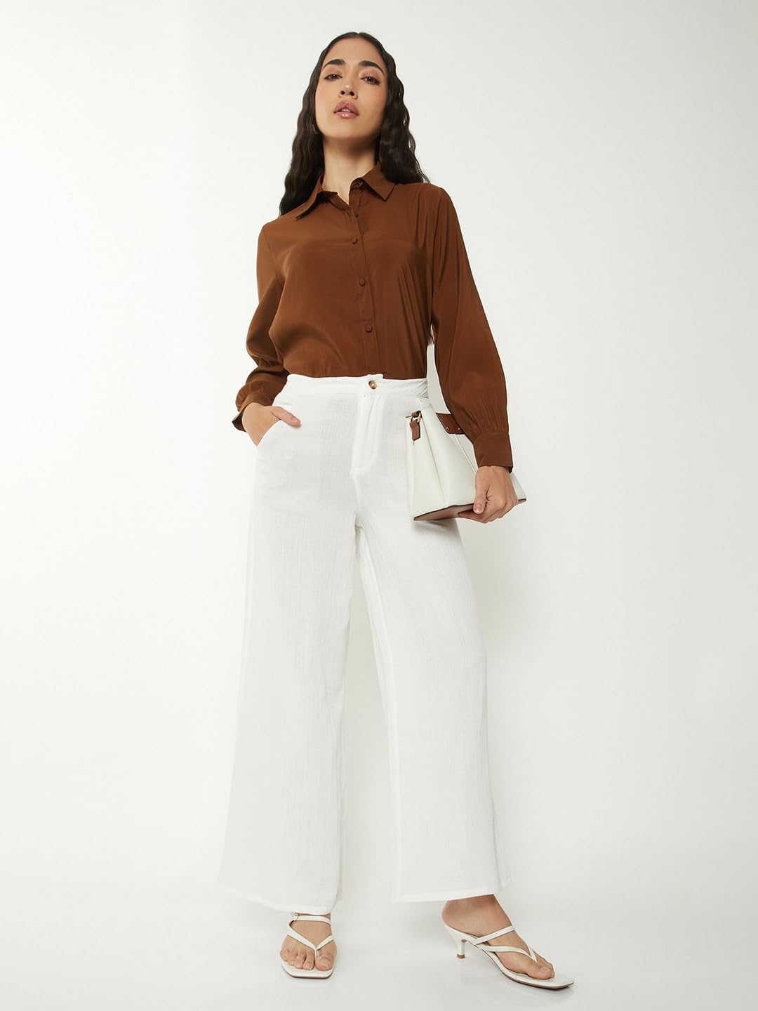 Max Women Textured Wide Leg Trousers (Ivory_XS)