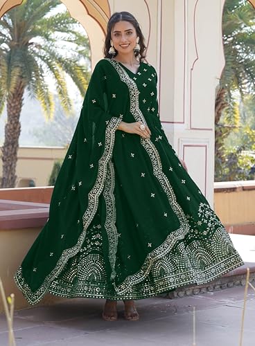 Fashion Basket Faux Georgette Sequins Anarkali Dress for Women (in, Alpha, XL, Regular, Green)
