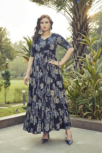 Samprag Rayon Gown for Women | Full Length | Printed | Fit & Flare | 3/4Th Sleeves | V Neck | Stylish | Ideal for Casual, Formal & Party Occassions | Blue | S
