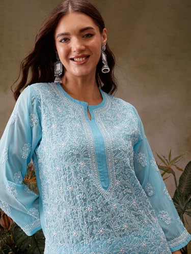 Ada Lucknowi Hand Embroidered Chikankari Straight Georgette Kurti Kurta for Women A95484 Blue (5XL)