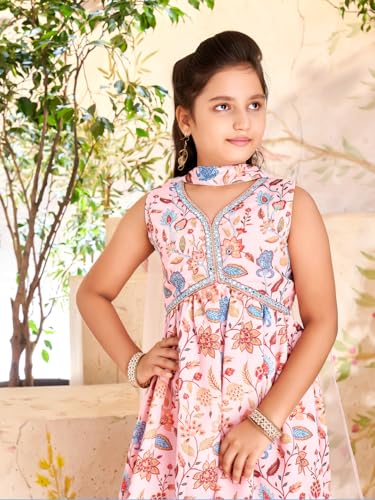 Aarika Girls Ethnic Wear Pink Colour Floral Print Beads Mirror Embroidery Silk Kurti Sharara Set (7-15 Years)