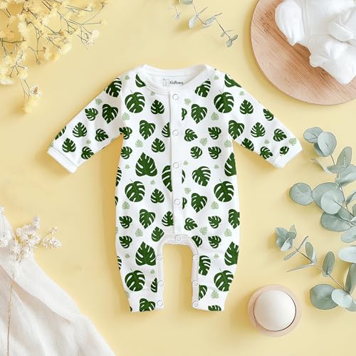 Kidbea Organic Cotton Full Sleeve Romper | Leaf & Bear Print Romper/Bodysuit (Grey, Pink & Green, 18-24 Months)