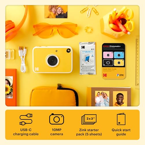 Kodak Printomatic+ Instant Camera (Gold) Prints Full-Color Photos on Zink 2x3” Sticky-Backed Photo Paper, 10MP Portable Camera with Interactive RGB LED Status Indicator, Easy & Fun