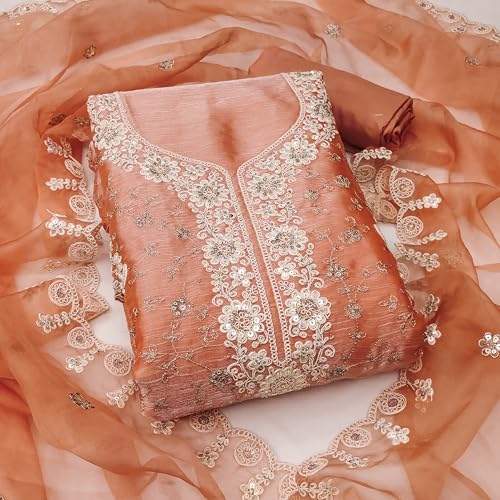 MANVAA Women'S Peach Unstitched Heavy Thread Sequence Embroidery And Fancy Border With Embroidered Dupatta Golden Cursh Dress Material (MSMFC11487D)