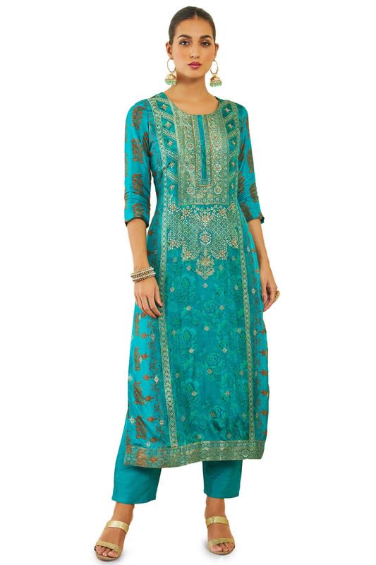 Soch Womens Turquoise Blue Brocade Blend Suit Set with Floral Print and Hand Embroidery