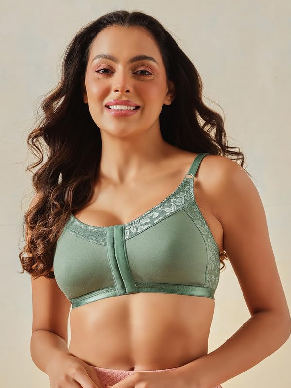 Clovia Women's Cotton Spacer Cup Non-Padded Non-Wire Full Figure Front Open Bra (BR2405P11_36D_Green)