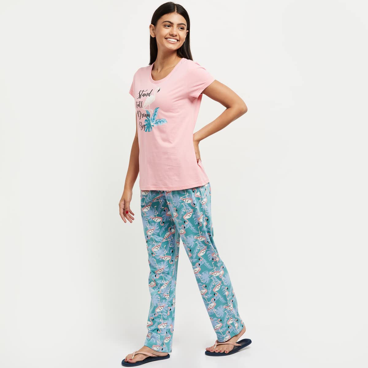 Max Women Printed Round Neck T-Shirt with Elasticated Pyjamas (SU22OTS10PINK)_M
