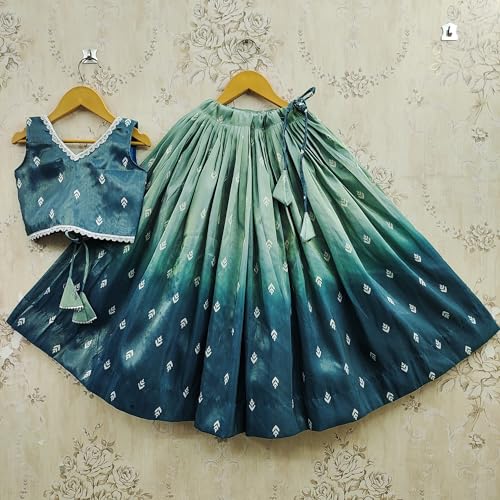 Helene Girls Ombre Lehenga Choli Set | Sleeveless V-Neck Crop Top & Flared Lehenga Skirt | Ethnic Wear for Kids | 2-8 Years Girls (Rama, 3-4 Years)