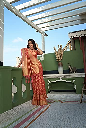 Vardha Women's Organza Art Silk Saree with Unstitched Blouse Piece - Zari Woven Work Sarees for Wedding (Kalini Silk, 435, Peach)