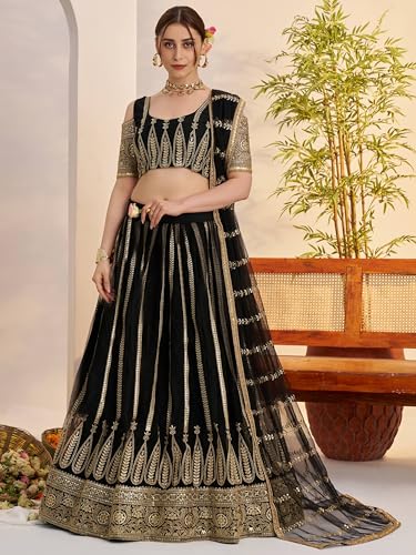 Zeel Clothing Women's Cotton Thread Sequins Work Embroidery Soft Net Lehenga Choli With Dupatta (NFH-2149-Black-Women-Lehenga-Choli; Free size) (Black)