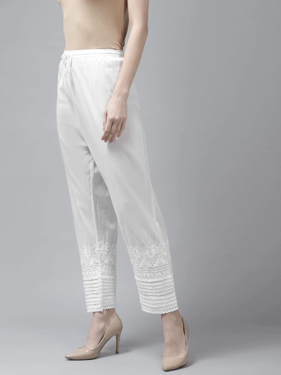 Ada Women Regular Low Rise Hand Enmbroidered Lucknowi Chikankari Pure Cotton Palazzo A711151 (White, S)