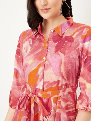 Max Women Floral Printed Casual Dress Midi Dress (MDDRS41005PINK)_L